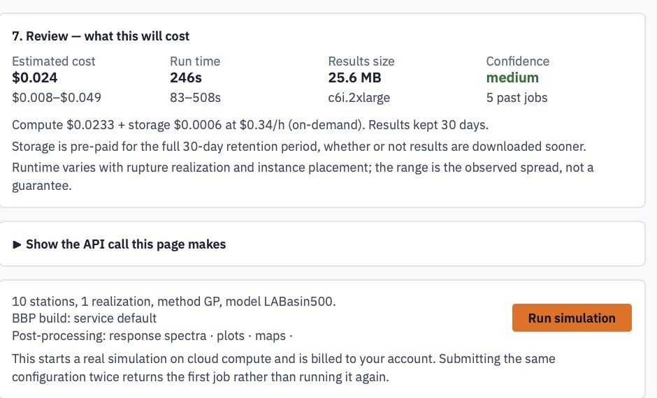 The review panel: estimated cost, run time, results size and a confidence rating, each with the range it was drawn from; a breakdown of compute and storage; a collapsed Show the API call this page makes section; and a one-line job summary beside a Run simulation button.