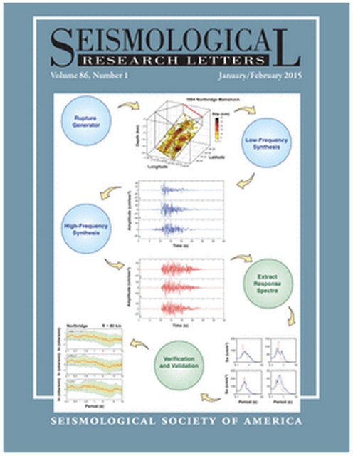 Cover of Seismological Research Letters, Volume 86 Number 1, January/February 2015: the Broadband Platform workflow, from rupture generator through low- and high-frequency synthesis to response spectra and verification and validation.